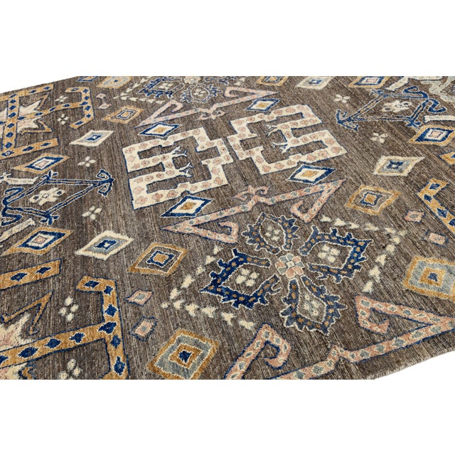 Cream Modern Tulu Style Wool Area Rug – Geometric Tribal Motif in Earthy Brown & Cream For Sale - Image 8 of 11