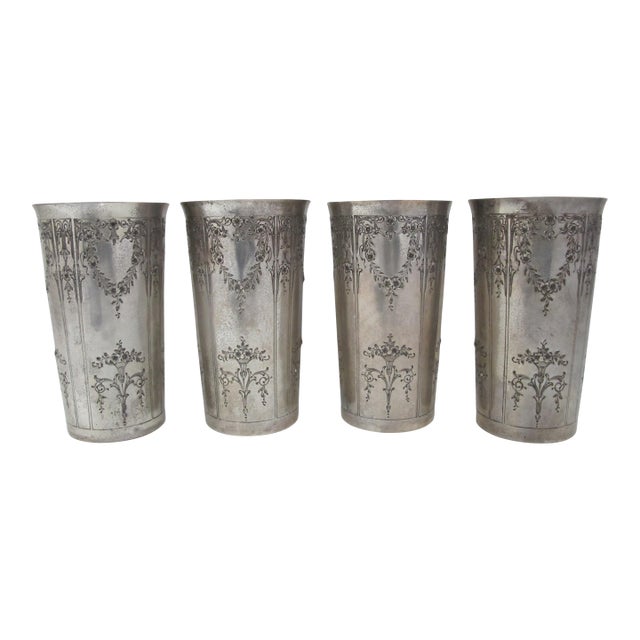 Late 19th Century Art Nouveau Sterling Silver Floral Garland Engraved Water Glass Tumbler Set of 4 For Sale