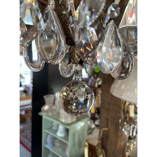 Vintage Ornate Six Arm Brass and Crystal Chandelier For Sale - Image 9 of 12