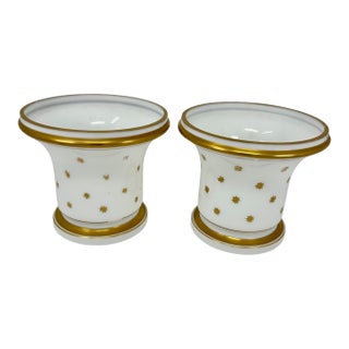 Pair of Antique French White Opaline Cachepots With Gilt Decorations For Sale