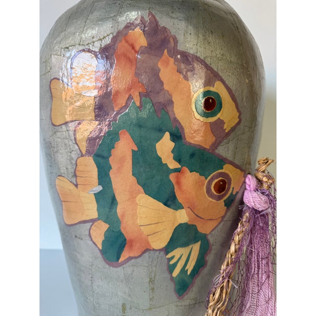 A unique 1980’s vintage handmade papier mâché vase titled “SEA JEWEL II,” featuring a beautifully hand-painted tropical...
