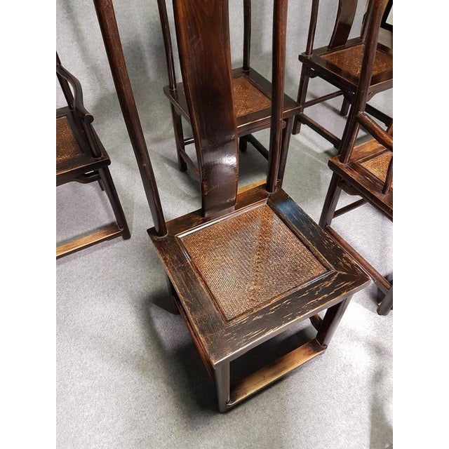 6 x Vintage Chinese Brown Tallback Yokeback Side Chairs. 2 x armchair / 4 x without armrest. 1950's