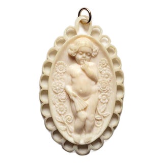 Rare Victorian Dieppe Carved Ivory Cameo Pendant, Angel With Flowers, French Antique, Circa 1840–1850 For Sale