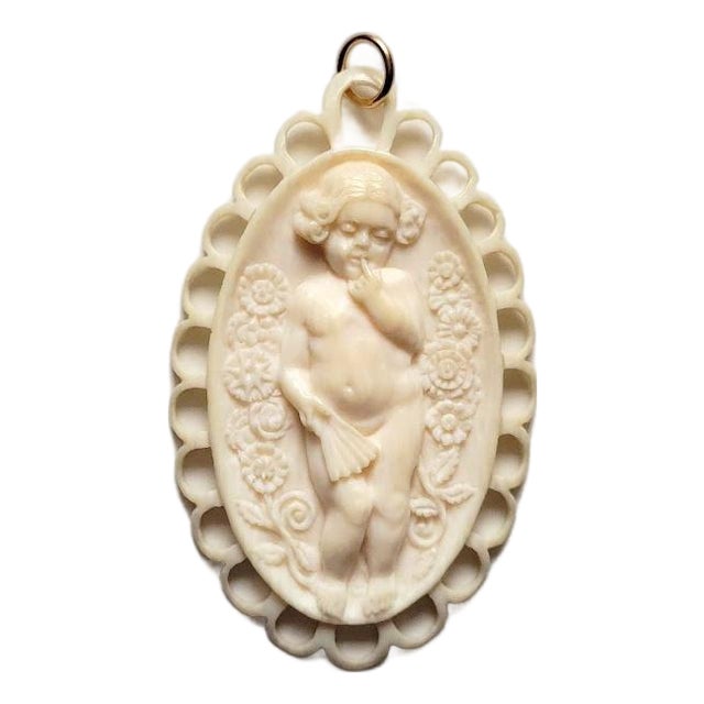 Rare Victorian Dieppe Carved Ivory Cameo Pendant, Angel With Flowers, French Antique, Circa 1840–1850 For Sale
