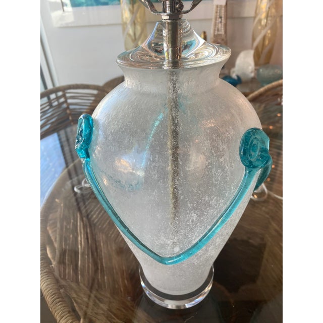 1970s Vintage Murano Frosted Aqua Glass Lucite Table Lamps Newly Restored -A Pair For Sale - Image 5 of 12