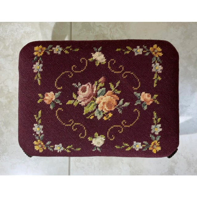 Antique Hand Carved Needlepoint Textile Upholstered Foot Stool For Sale - Image 10 of 13