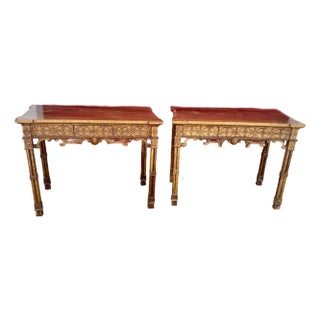 Pair Antique Carved Chinese Chippendale Faux Bamboo Fretwork Banded Inlay Single Drawer Hall Foyer Console Tables For Sale