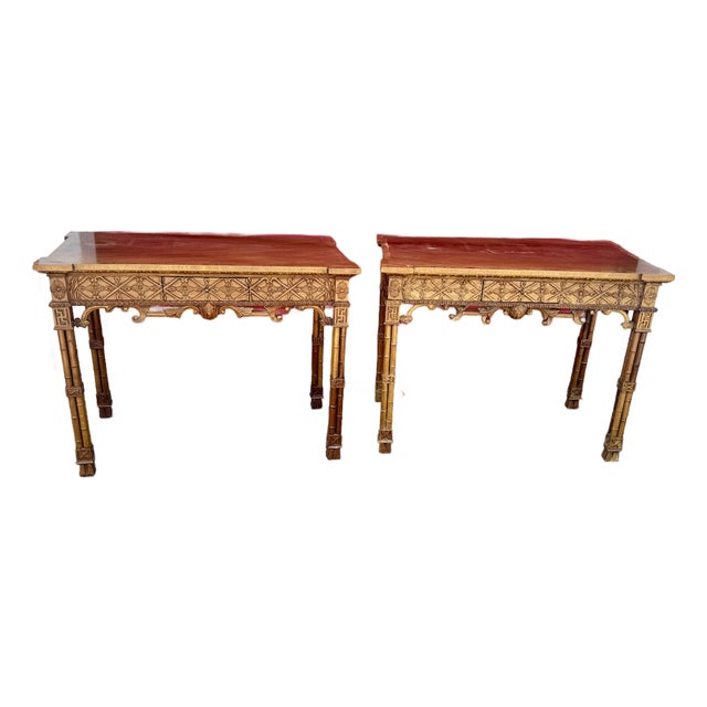 Pair Antique Carved Chinese Chippendale Faux Bamboo Fretwork Banded Inlay Single Drawer Hall Foyer Console Tables For Sale