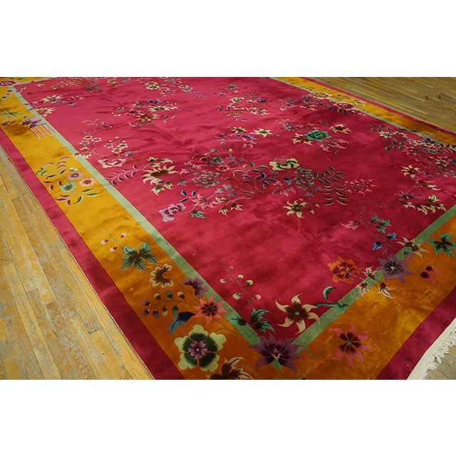 Textile Exciting Red Background Color With Asymmetric Floral Design Antique Chinese Art Deco Rug For Sale - Image 7 of 9