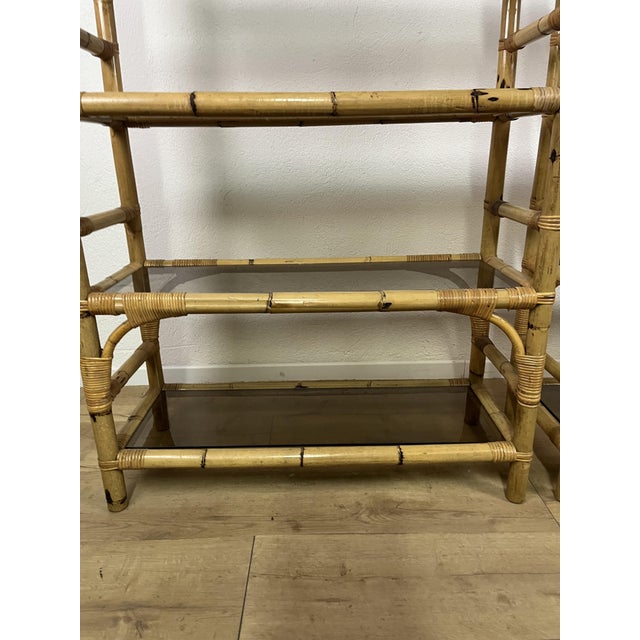 Wood Italian Bamboo and Wicker Bookcases with Glass Shelves, 1970s, Set of 2 For Sale - Image 7 of 9