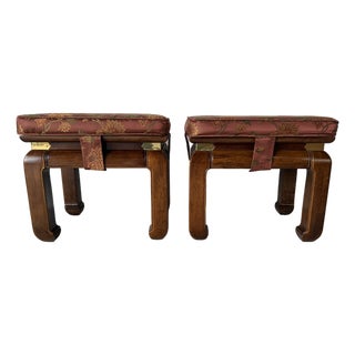 Vintage Chinese Ming Style Mahogany Stools With Floral Cushions – A Pair For Sale