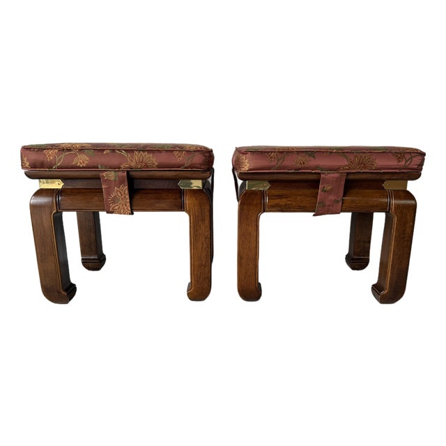 Vintage Chinese Ming Style Mahogany Stools With Floral Cushions – A Pair For Sale