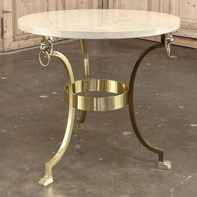Metal Mid Century Polished Brass Tripod Table With Lion Heads and Stone Top For Sale - Image 7 of 17