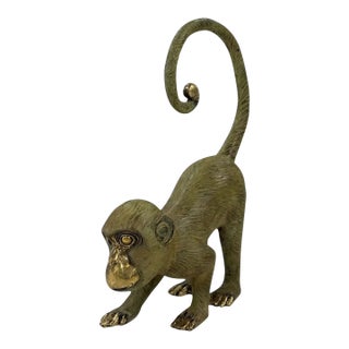 Cast Bronze Monkey Sculpture — Playful Form With Curled Tail and Dual Patina For Sale
