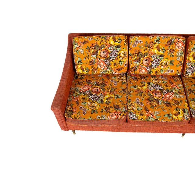 Wood Mid-Century Floral Orange Long Sofa For Sale - Image 7 of 9