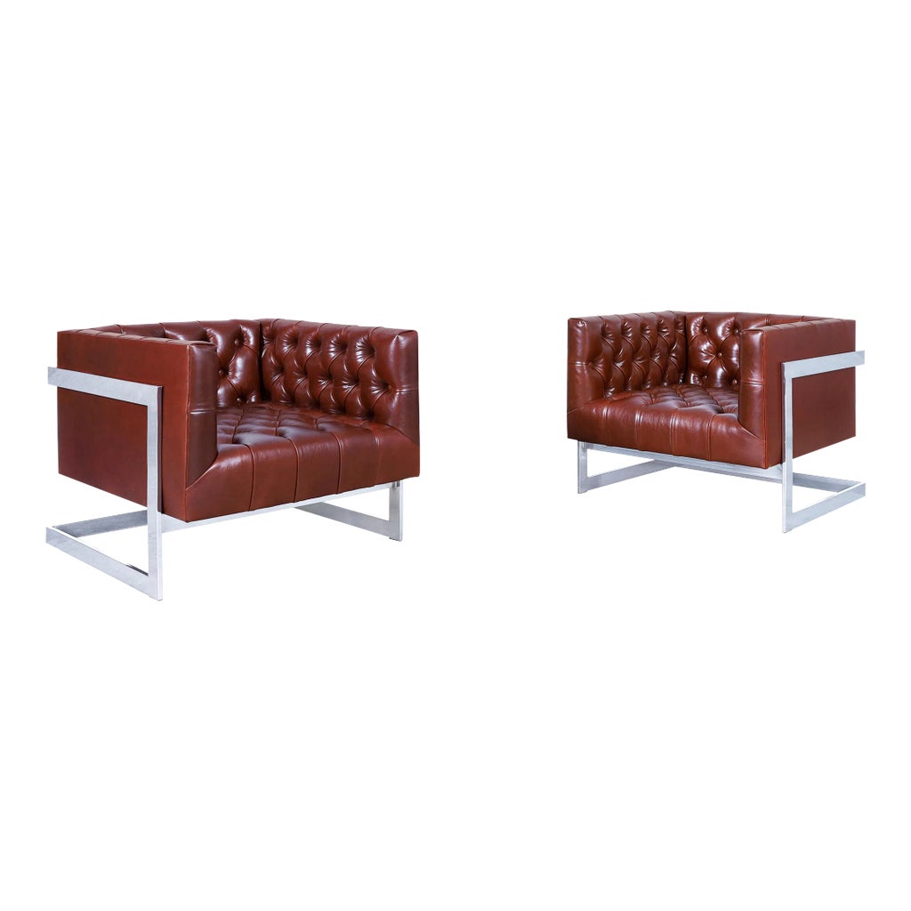 1960s Vintage Leather and Chrome Diamond Tufted Lounge Chairs by 