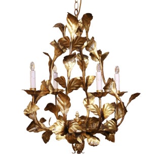 Mid-Century Italian Gilt Tole Six-Light Floral Chandelier For Sale