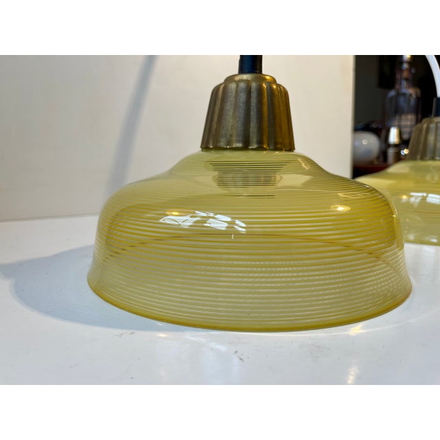 Vintage Art Deco Brass and Striped Yellow Glass Pendant Lamps from Lyfa, 1940s, Set of 2 For Sale - Image 12 of 13