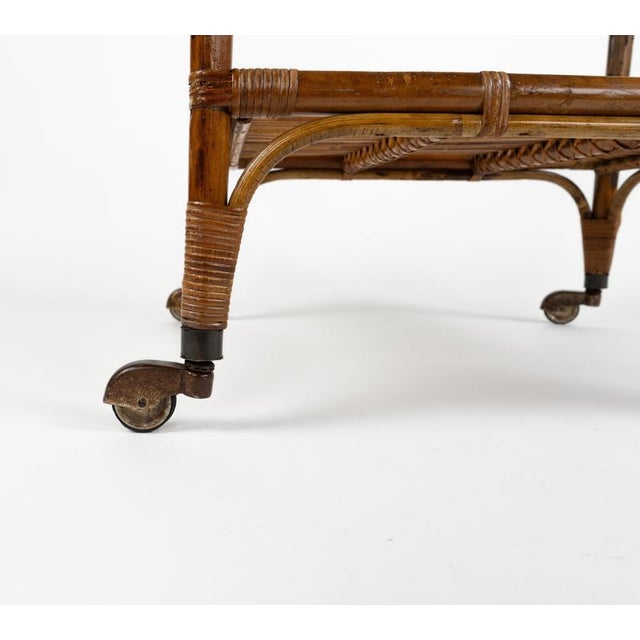Mid-Century Bamboo, Rattan and Glass Serving Bar Cart in the style of Franco Albini, Italy, 1960s For Sale - Image 16 of 18