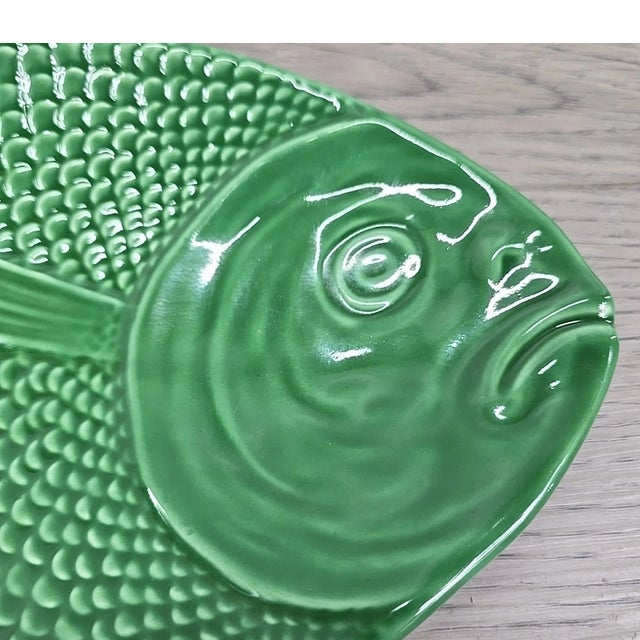 Vintage Neto & Gomes Ceramic Green Textured Portugal Fish Plate For Sale - Image 4 of 5
