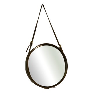Black Leather Mirror by Jacques Adnet, 1950s For Sale