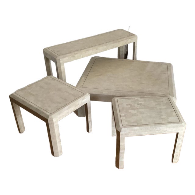 Vintage Maitland-Smith Tessellated Stone 4-Piece Set, Coffee Table, 2 End Tables, Console Table With Brass Banding, C. 1980s For Sale