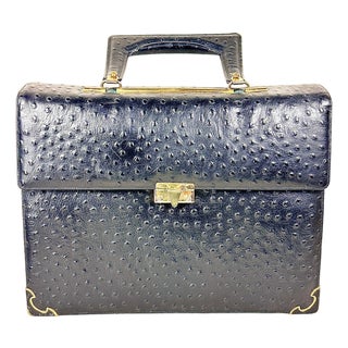 Vintage Chic De Paris Black Ostrich Embossed Leather Top Handle Portfolio Bag For Sale