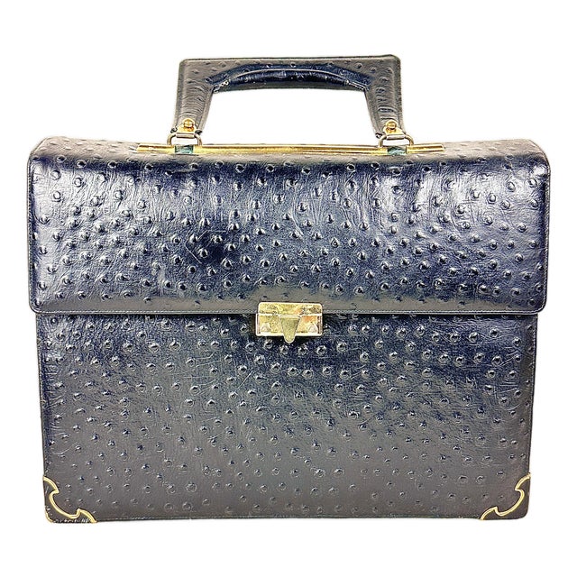Vintage Chic De Paris Black Ostrich Embossed Leather Top Handle Portfolio Bag For Sale
