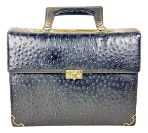 Vintage Chic De Paris Black Ostrich Embossed Leather Top Handle Portfolio Bag