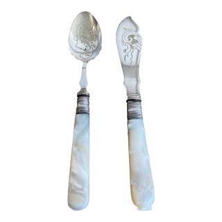 Antique Mother‑of‑Pearl Spoon & Fish Knife Set With Victorian Scrollwork For Sale