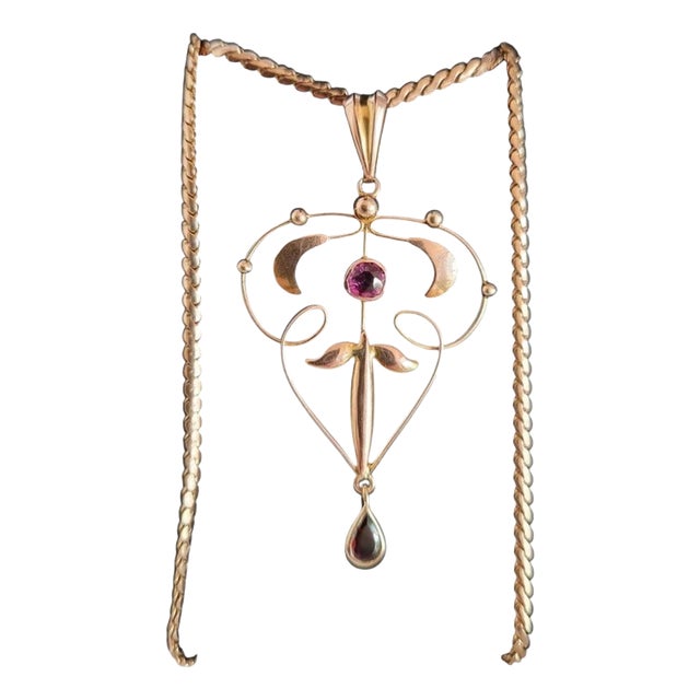 Antique Art Nouveau Gold Amethyst & Garnet Pendant Necklace, 1900 For Sale