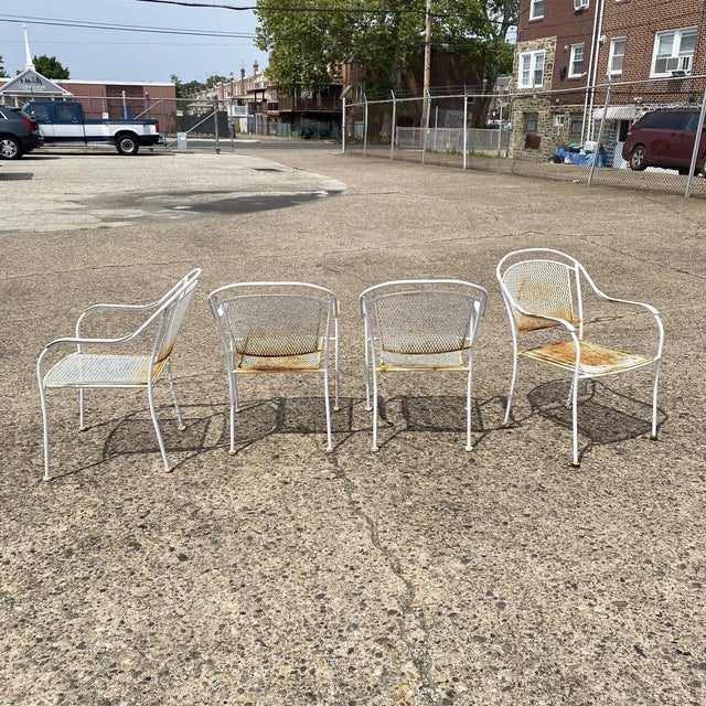 White Vintage Modern Wrought Iron Sculptural Outdoor Patio Stacking Arm Chairs - Set 4 For Sale - Image 8 of 10
