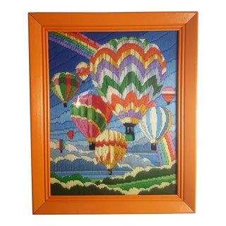 Mid Century Hot Air Balloon Crewel Needlepoint Framed Art For Sale