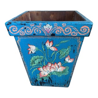 Vintage Balinese Hand-Painted Wood Cachepot or Trash Can | Teal & Lotus Motif For Sale