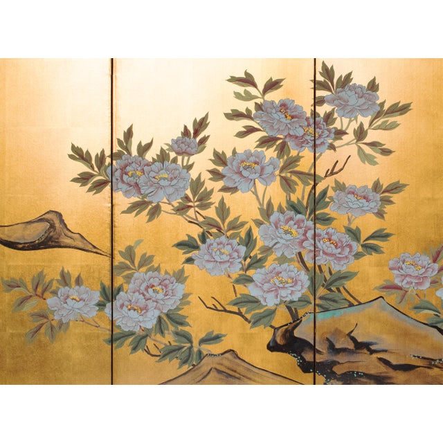Japanese "White Peony", Japanese Late Showa Era Painted Byobu Screen For Sale - Image 3 of 18