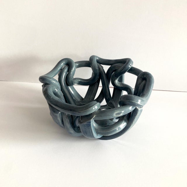 1980s Postmodern Gray Ceramic Braided Woven Abstract Centerpiece Bowl For Sale In New York - Image 6 of 8
