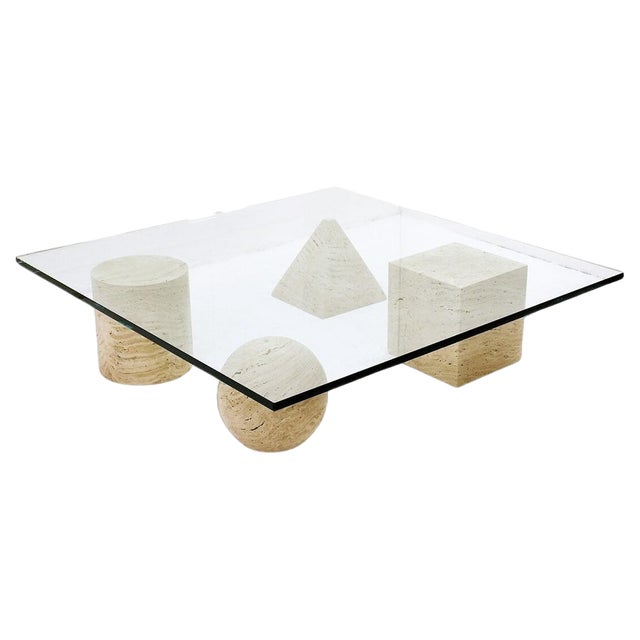 Metaphor Coffee Table in Travertine and Glass attributed to Massimo & Leilla Vignelli, 1980s For Sale