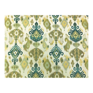 Teal Olive Green Yellow Beige Tribal Ethnic Ikat Upholstery Drapery Fabric For Sale