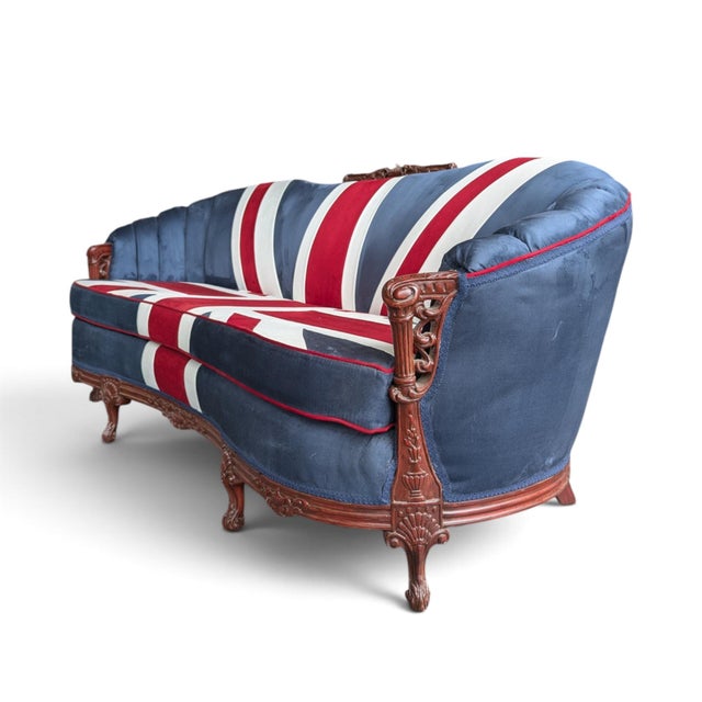 Vintage Union Jack Upholstered Sofa With Ornate Carved Wood Frame For Sale - Image 13 of 18