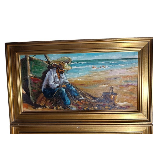 1920s Marine Landscapes with Fishermen, 1920s, Oil on Canvas Paintings, Framed, Set of 2 For Sale - Image 5 of 7