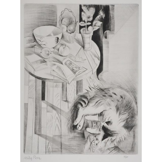 Mily possoz (1888-1968) the cat on the stool, 1930 original etching signed in pencil numbered out of 40 copies (photo of...