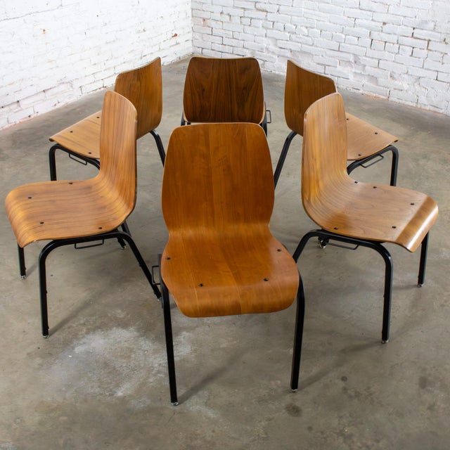 Brown Late 20th to Early 21st Century Modern Walnut Molded Plywood Chairs Stackable Connectable Refinished Set of 6 For Sale - Image 8 of 18
