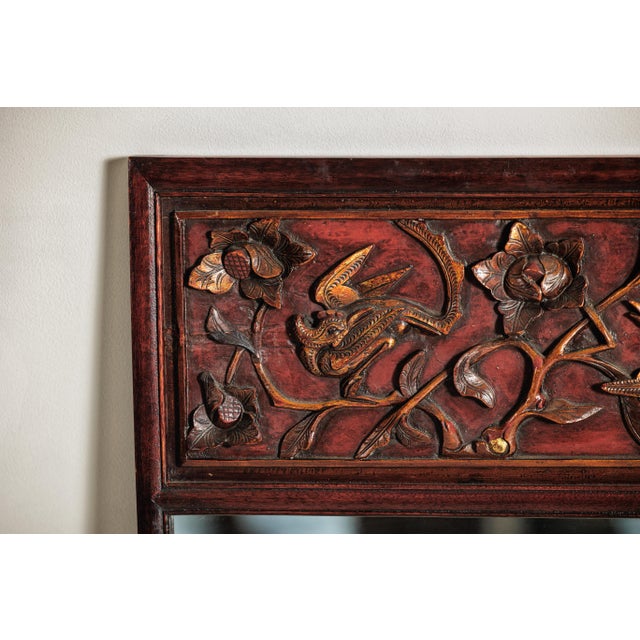 Antique Asian Trumeau Mirror with Carved Birds and Floral Panel For Sale In New York - Image 6 of 18