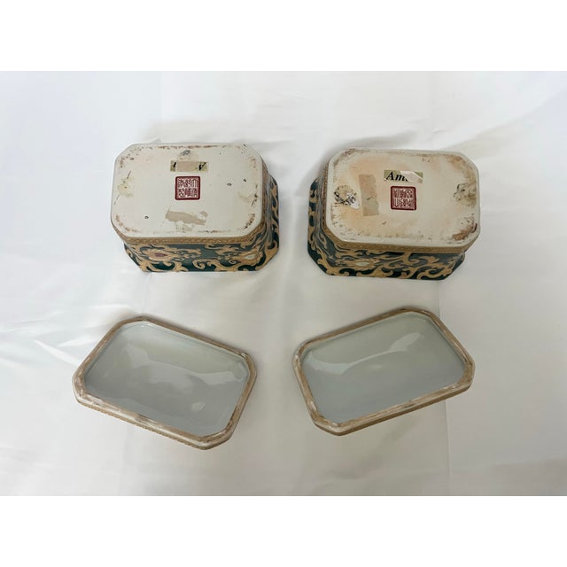 Vintage Green & Gold Chinoiserie Porcelain Boxes — Pair For Sale - Image 11 of 11