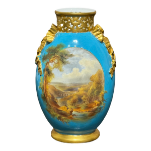 Antique Royal Worcester English Landscape Reticulated Gilt & Turquoise Blue Vase, Aesthetic Period 1873