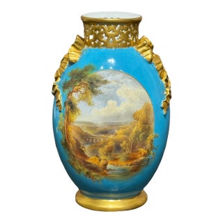 Antique Royal Worcester Gilt & Turquoise English Landscape Reticulated Vase, Aesthetic Period 1873 For Sale