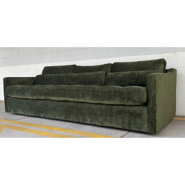 Original retail $6495, stylish Revelation Modern Tufted Antique Green Loden Velvet Strie Slope Sofa, showroom floor sample