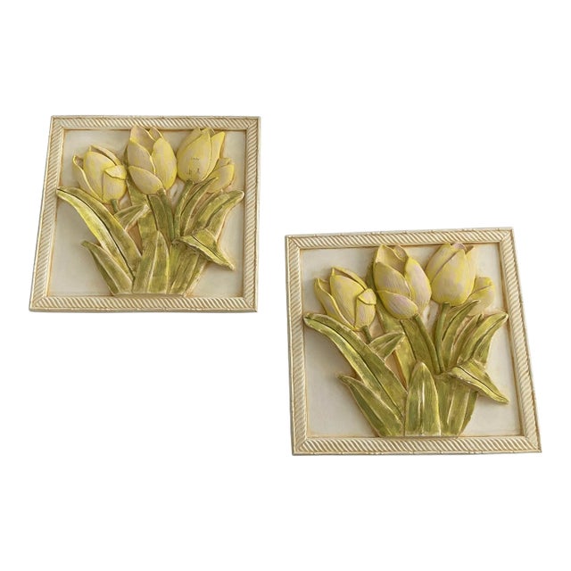 Mid Century Bas Relief Plaster Floral Wall Plaque Painting a Pair For Sale