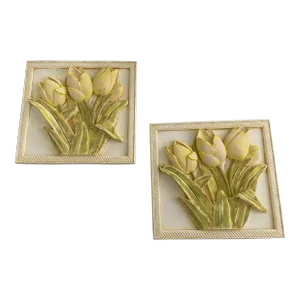 Mid Century Bas Relief Plaster Floral Wall Plaque Painting a Pair