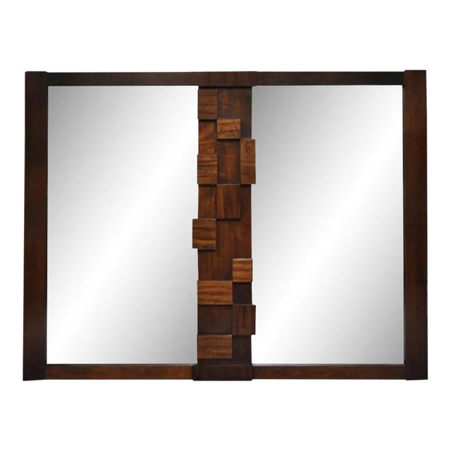Lane Brutalist Cubist Vintage Mid Century Modern Walnut Rectangular Mirror For Sale